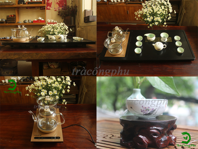 Bộ ấm chén bao gồm 1 ấm và 6 chén, 1 tống chuyên trà, 01 phễu lọc
